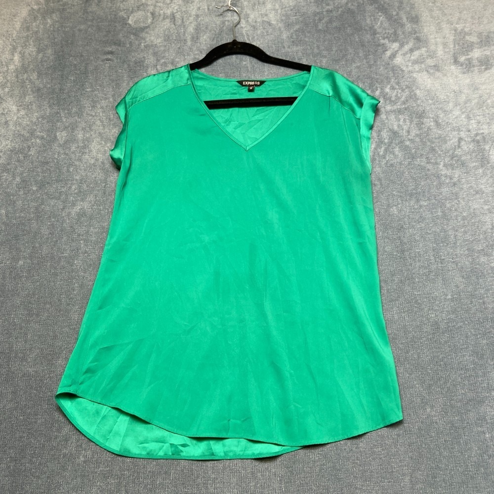 Express Blouse Top Womens Medium Green Stretch V Neck Fitted Cap Sleeve Formal